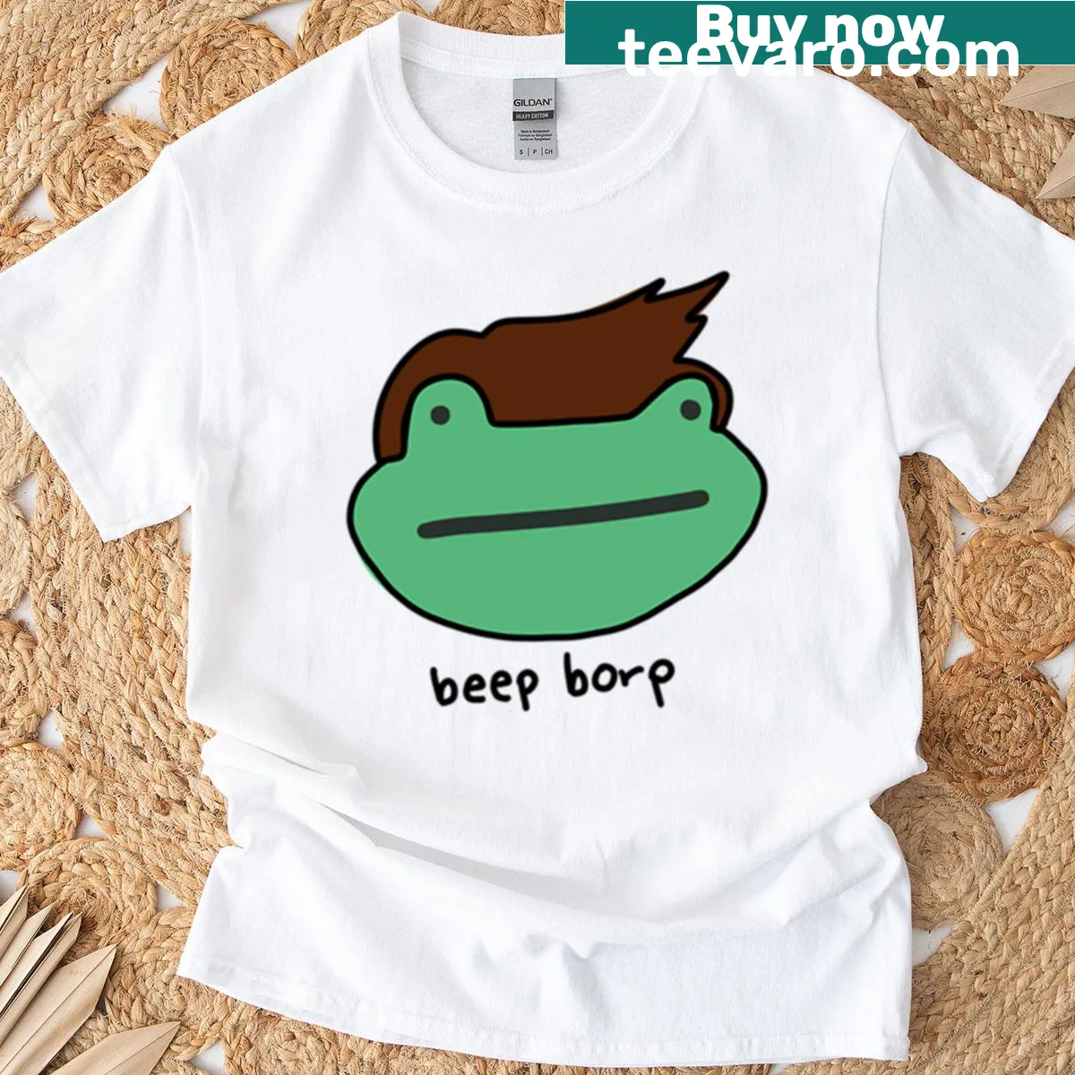 Oversized frog t-shirt with playful 'Beep Borp' graphic — on a men's t-shirt