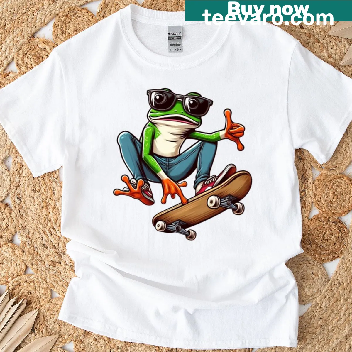T-shirt depicting a funky frog skateboarding — on a men's t-shirt