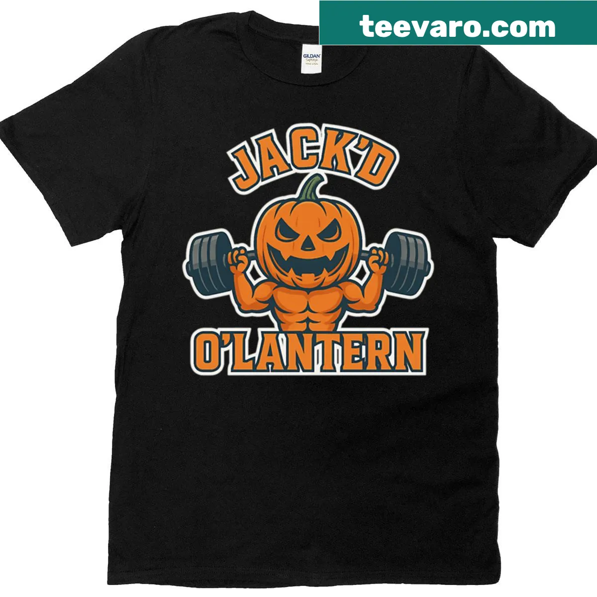 Muscular pumpkin Halloween gym design t-shirt — on a men's t-shirt