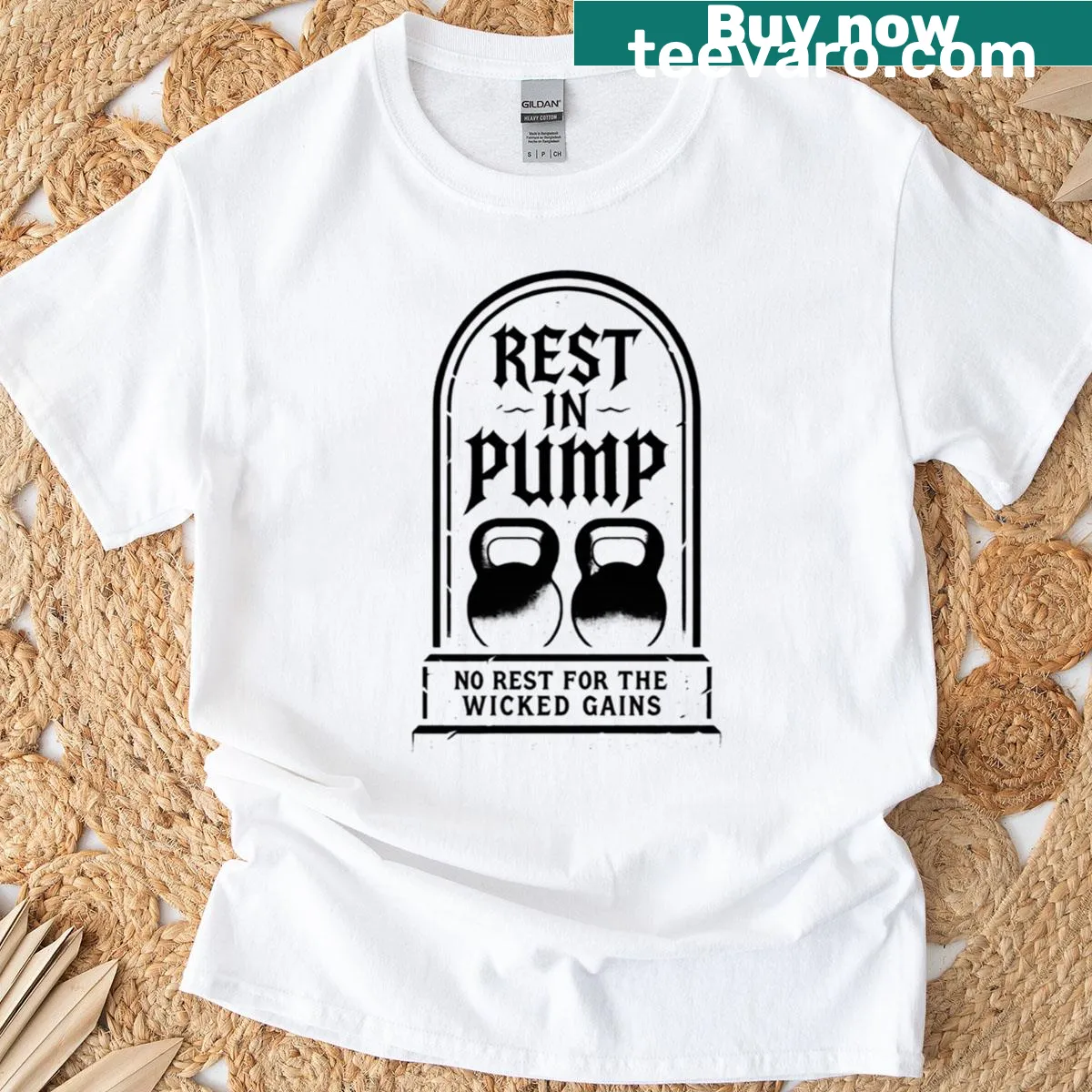 Humorous tombstone gym design with 'Rest In Pump' text — on a men's t-shirt