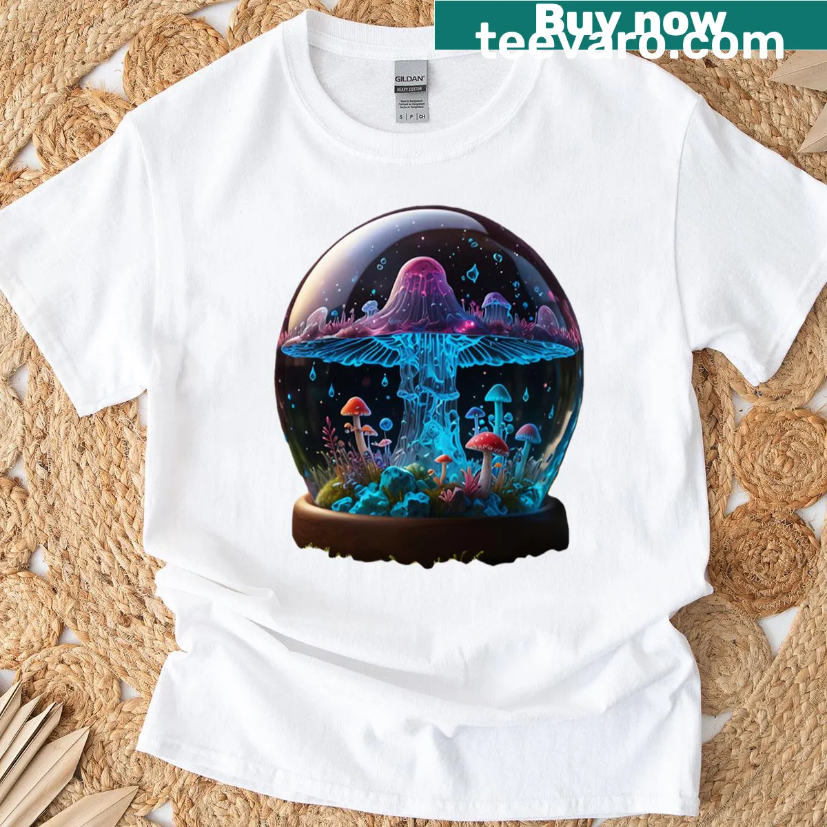 T-shirt featuring a whimsical mushroom terrarium design — on a men's t-shirt