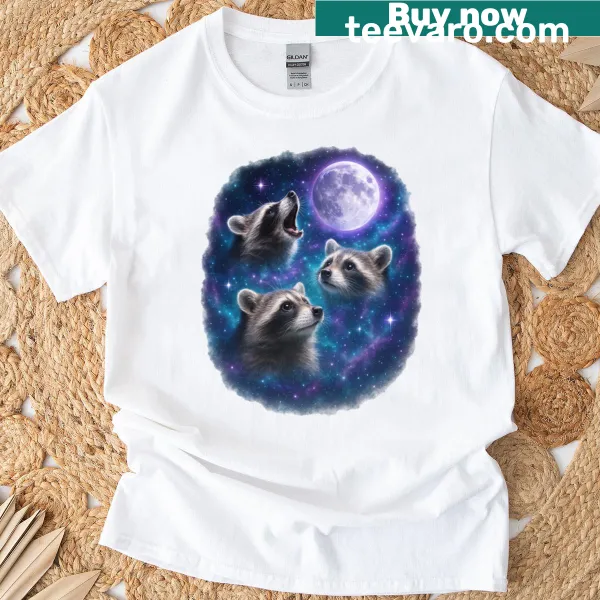 T-shirt with a cosmic raccoon howling under three moons