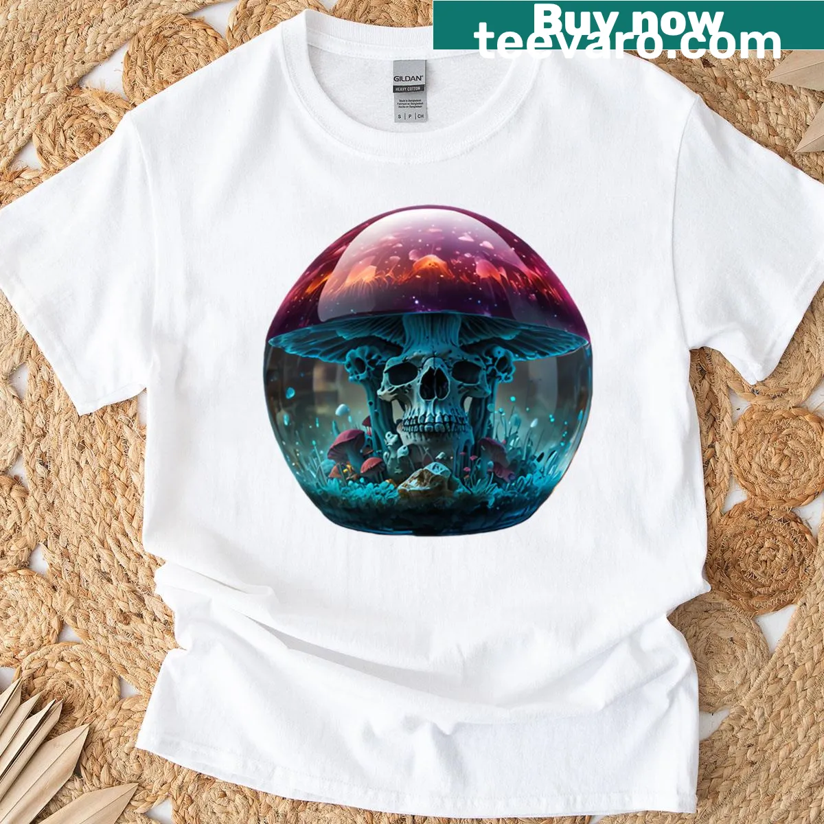 T-shirt showcasing a skull inside a cosmic terrarium design. — on a men's t-shirt