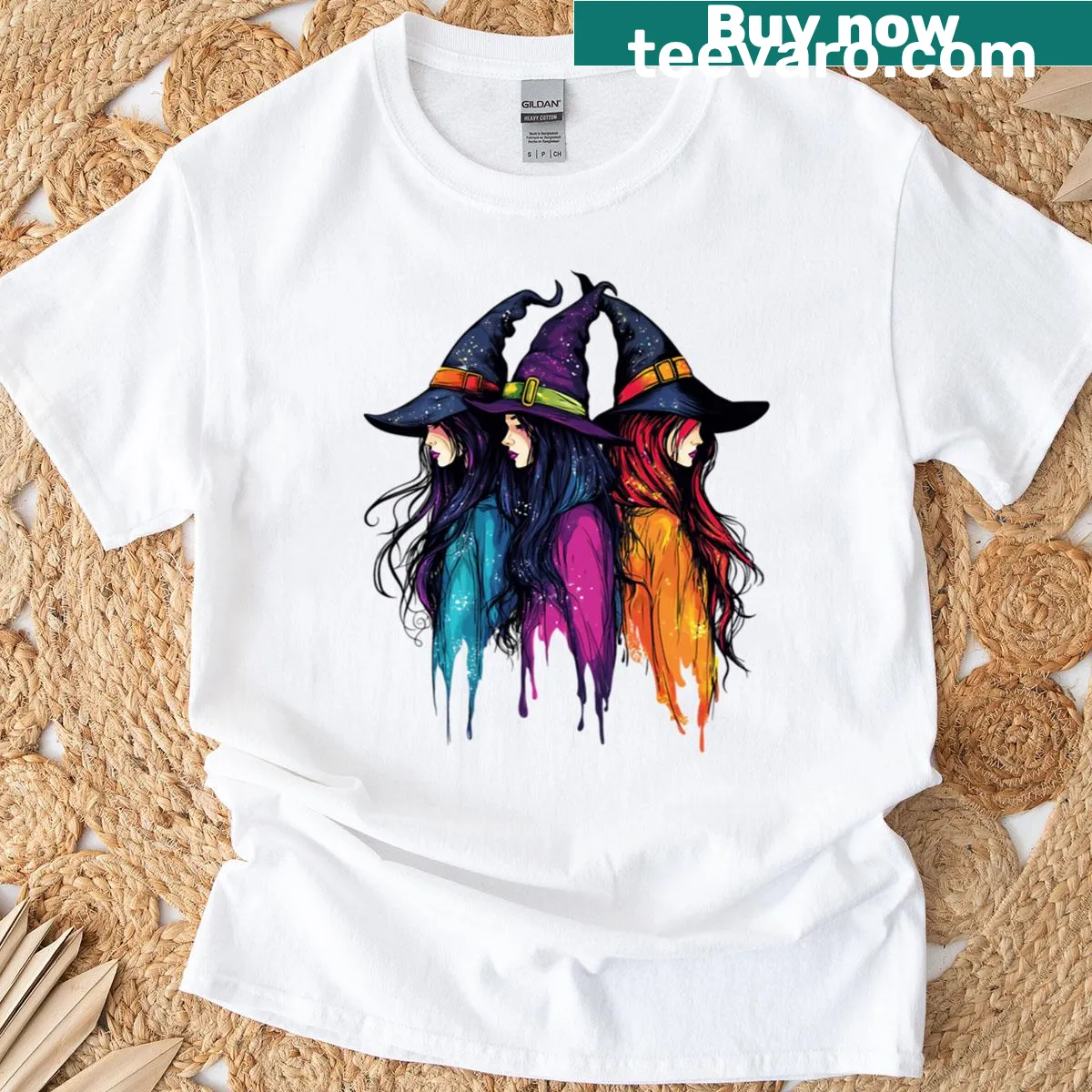 Illustration of three witches celebrating sisterhood on a t-shirt — on a men's t-shirt