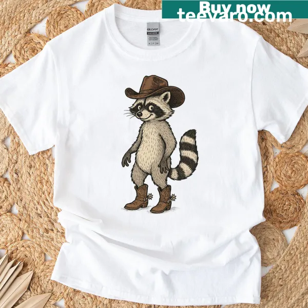 Vintage-style t-shirt featuring a playful cowboy raccoon graphic