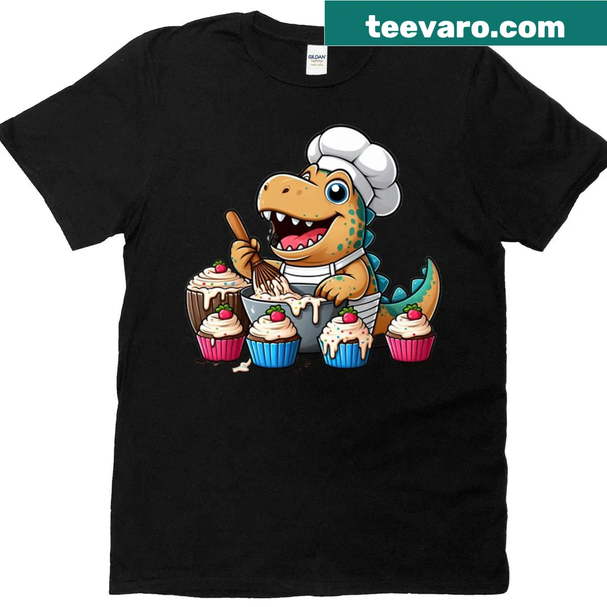 T-shirt featuring a T-rex baker with cupcakes — on a men's t-shirt