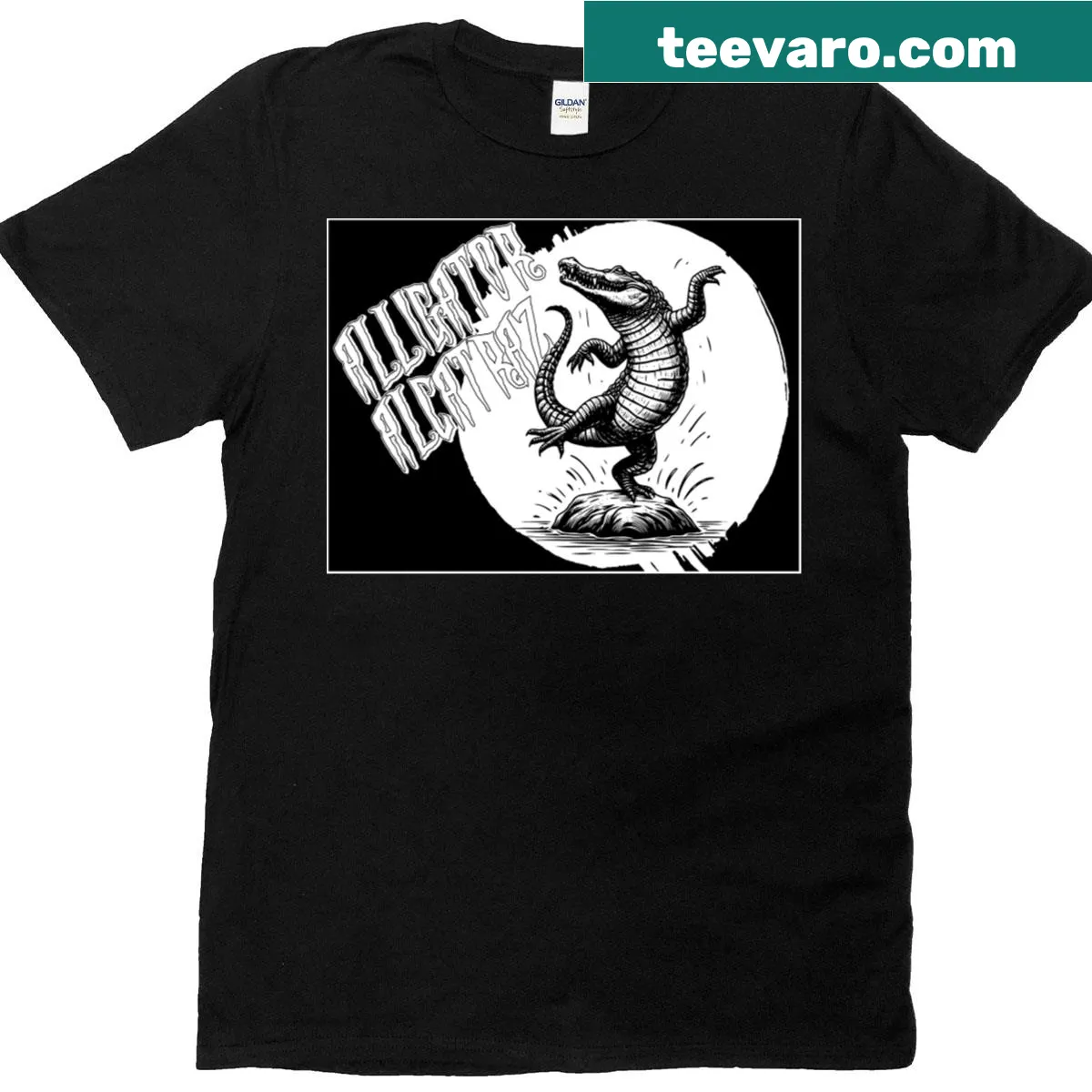 Cartoon alligator graphic T-shirt — on a men's t-shirt