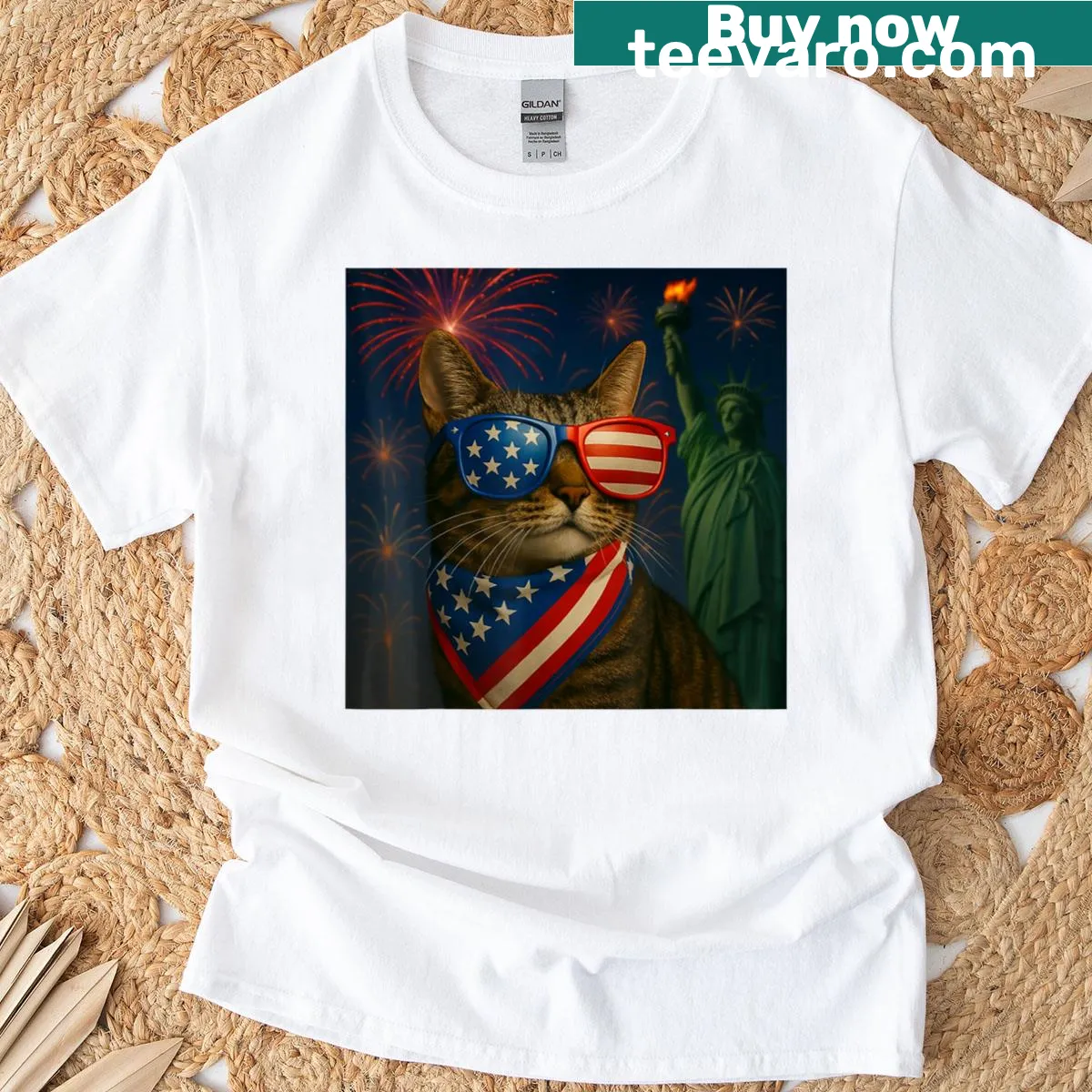 Cute cat in patriotic outfit on a T-shirt — on a men's t-shirt