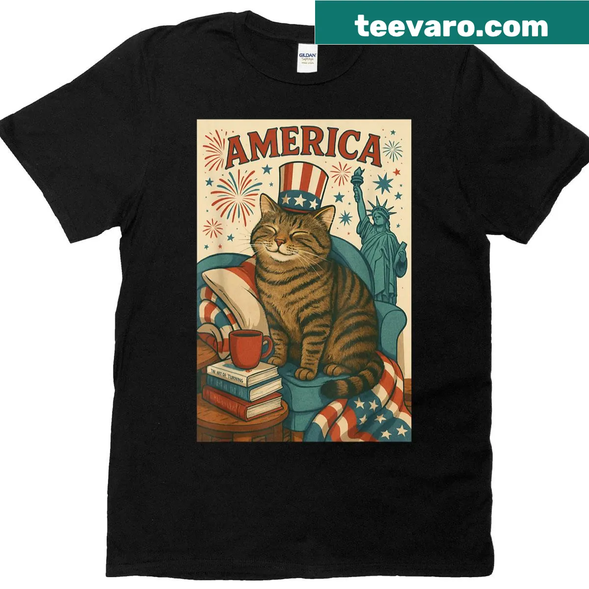 Cute tabby cat for Fourth of July T-shirt — on a men's t-shirt