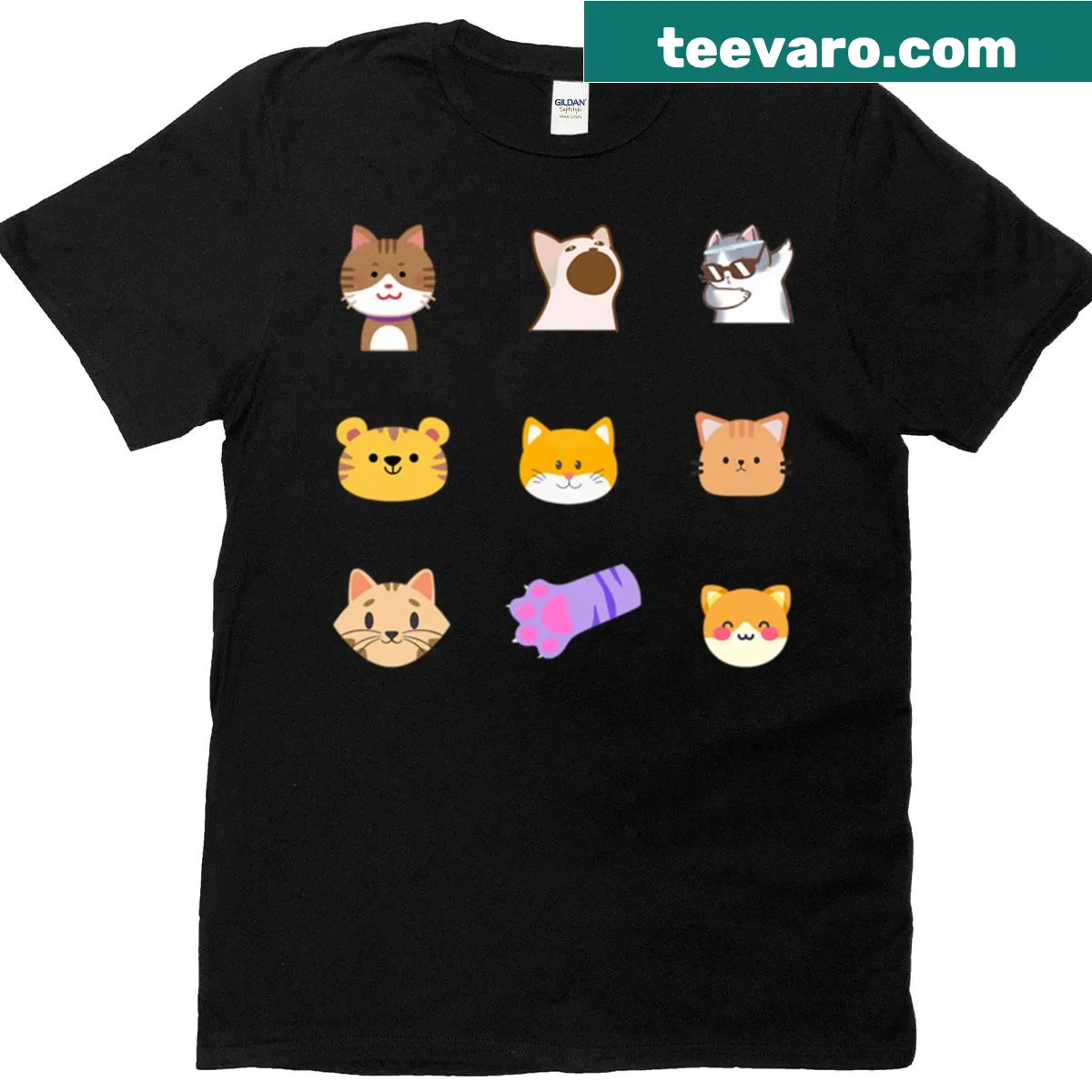 Kawaii T-shirt featuring cute cat faces and paws — on a men's t-shirt