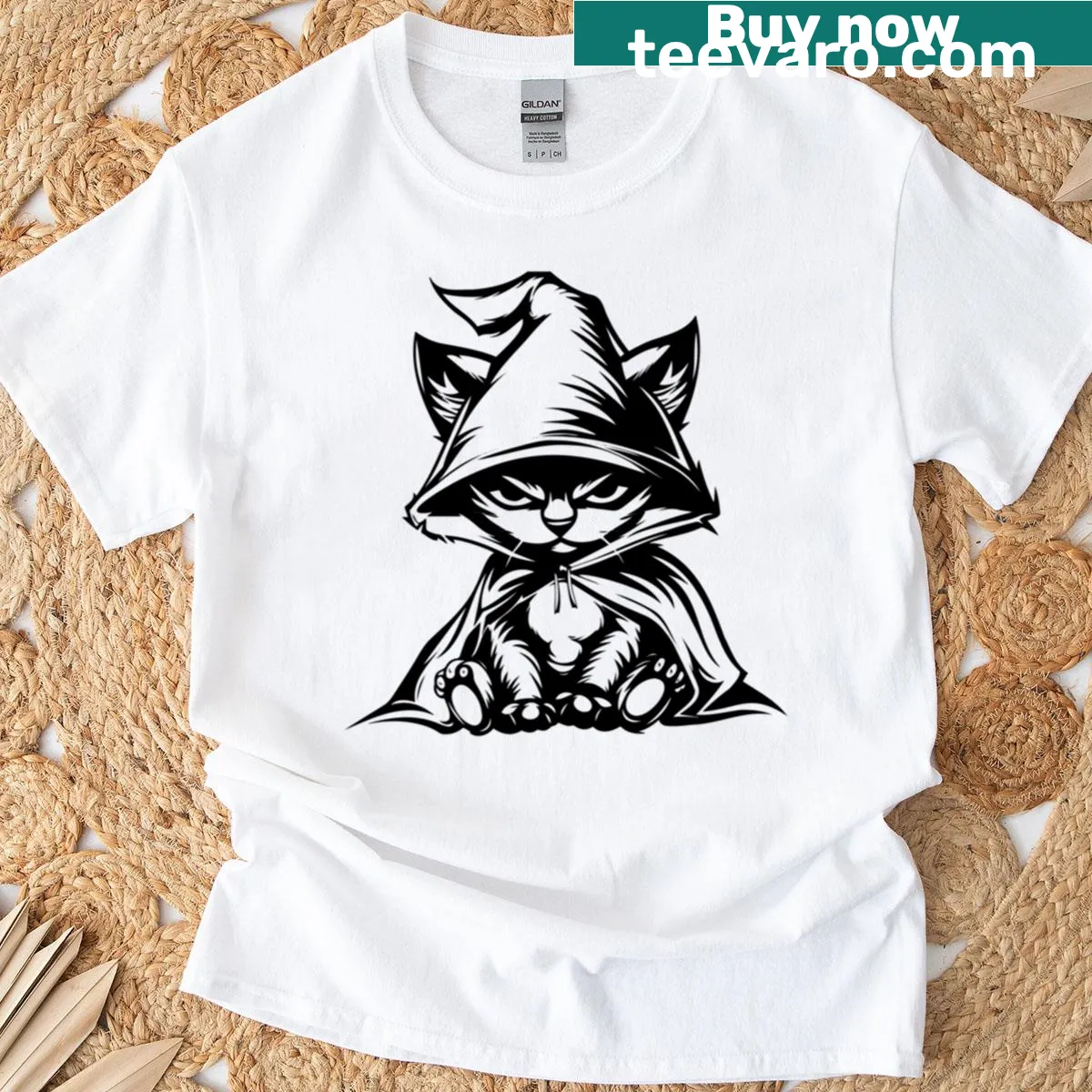 Cartoon cat in a spooky Halloween costume — on a men's t-shirt