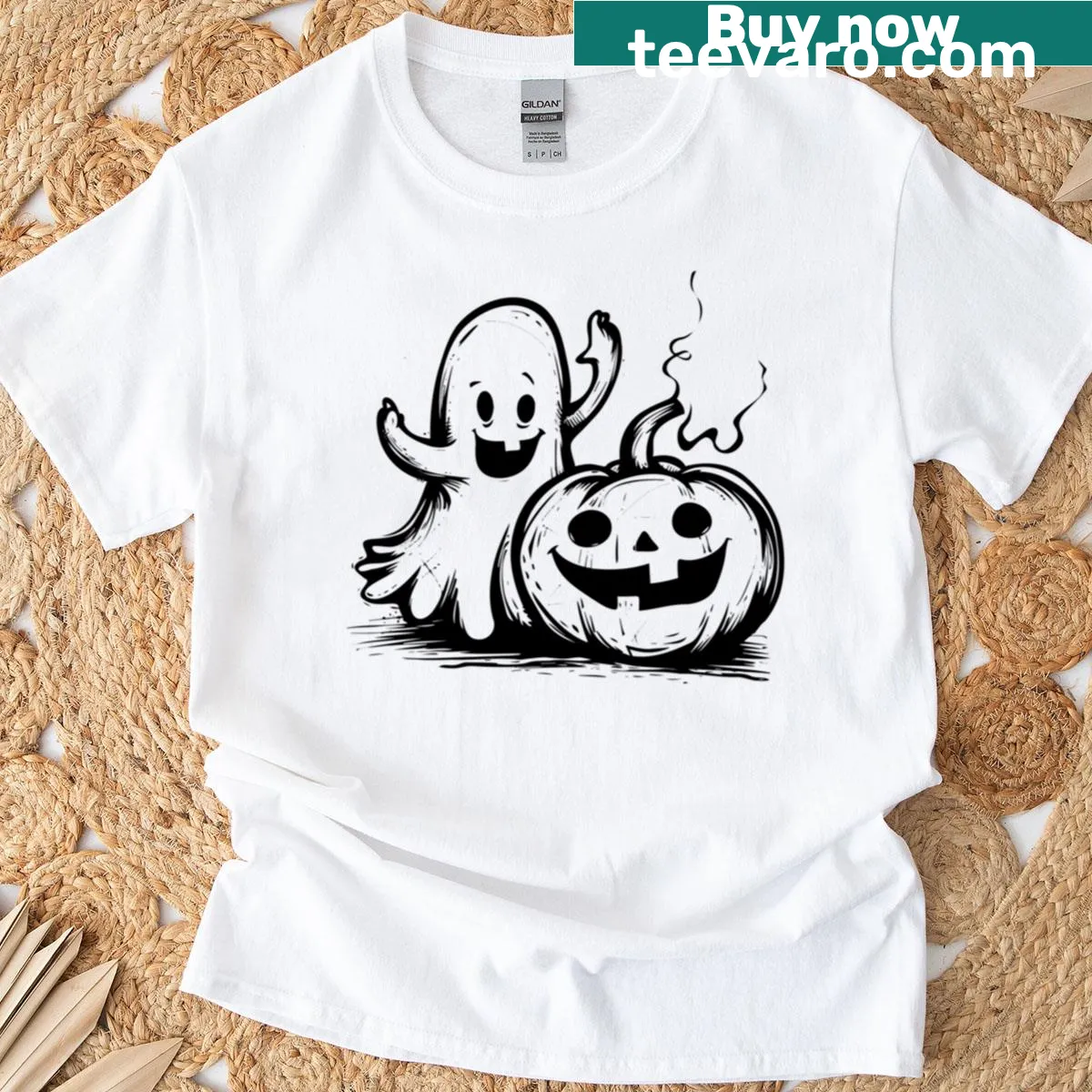 Cute ghost and pumpkin graphic on a Halloween T-shirt — on a men's t-shirt