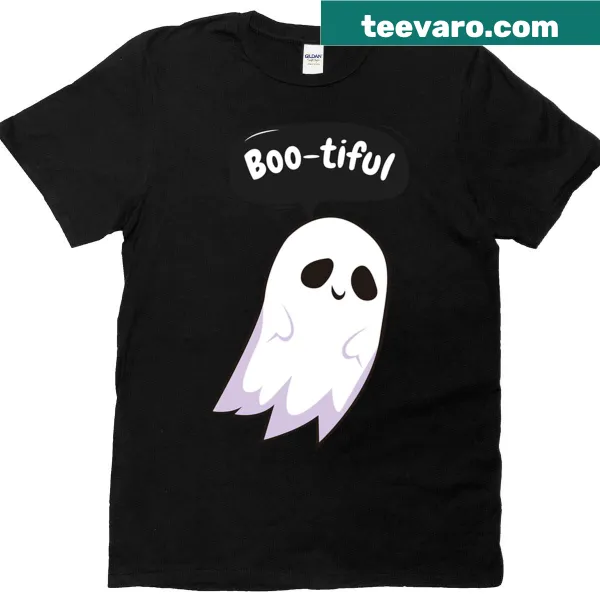 Kawaii ghost saying Boo-tiful in a cute Halloween design