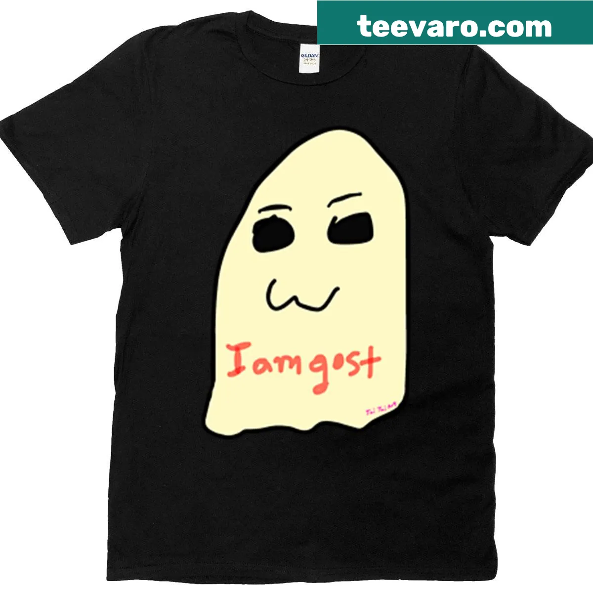 Funny ghost graphic t-shirt with whimsical 'I Am Gost' text — on a men's t-shirt