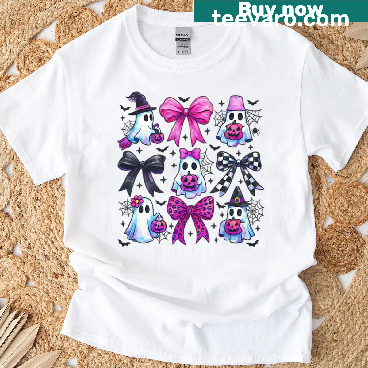 Illustration of cute ghosts with bows for Halloween — on a men's t-shirt
