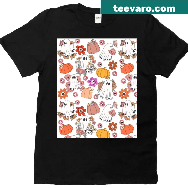 Patterned T-shirt with cute ghosts and floral pumpkins design
