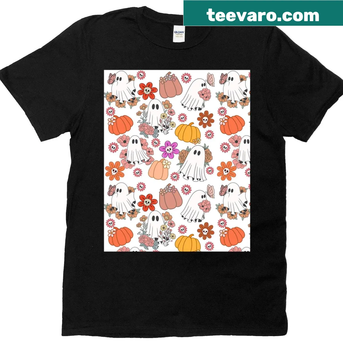 Patterned T-shirt with cute ghosts and floral pumpkins design — on a men's t-shirt