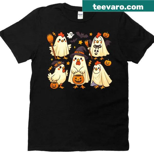 Illustration of cute chickens in ghost costumes for Halloween