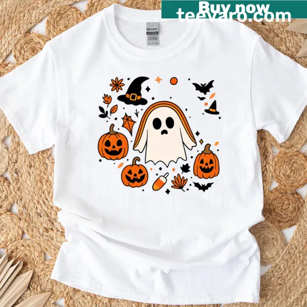 Cute ghost surrounded by pumpkins for Halloween