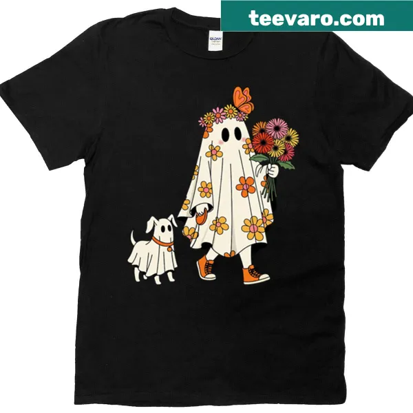 Adorable retro ghost with a dog on a fun t-shirt