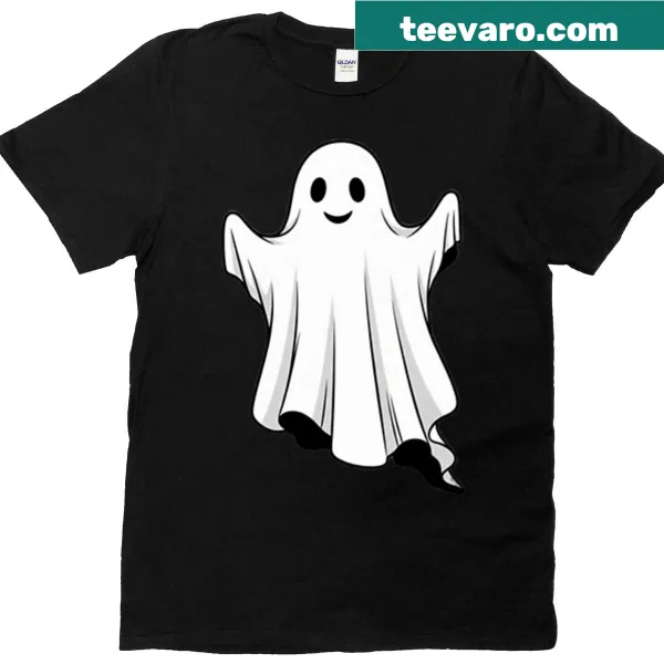 Friendly smiling ghost in a white sheet on a Halloween t-shirt