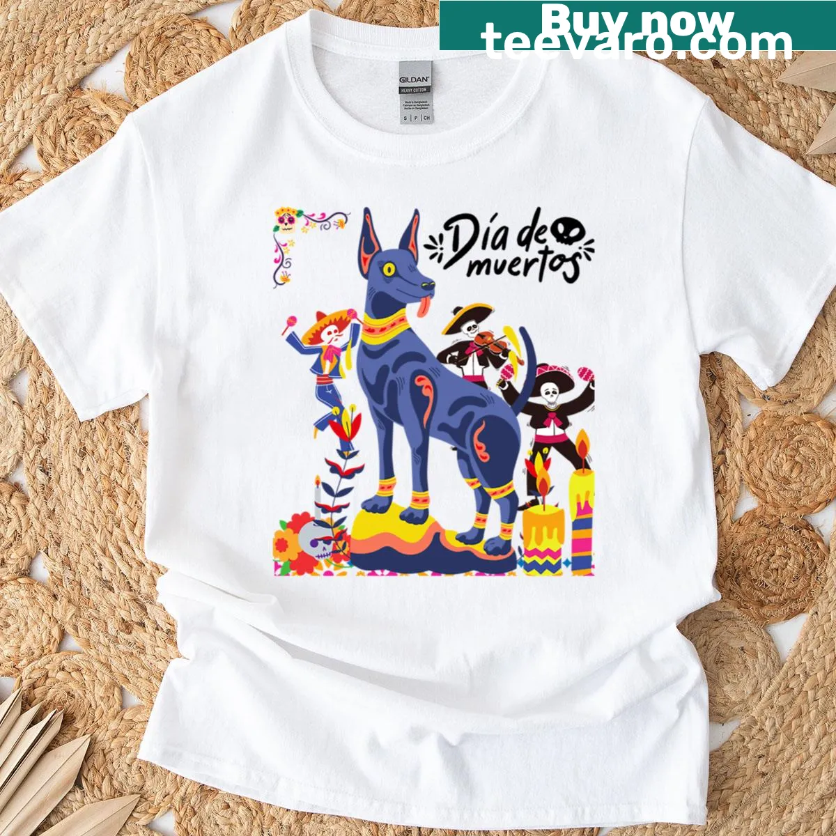 Graphic design honoring Día de los Muertos on a T-shirt — on a men's t-shirt