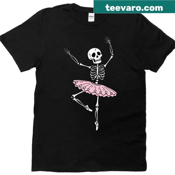 Dancing skeleton ballerina cartoon design on a pink T-shirt