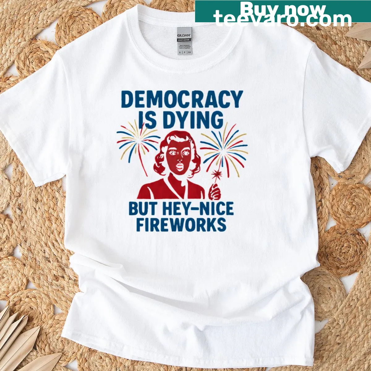 Sarcastic Fourth of July T-shirt with 'Democracy Is Dying' text — on a men's t-shirt