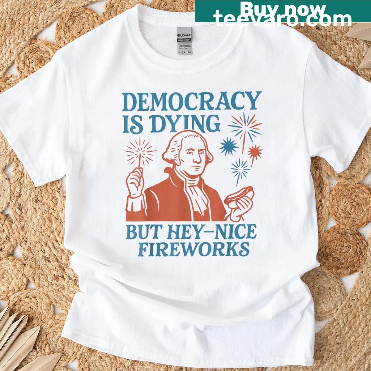 Fourth of July design with fireworks and George Washington — on a men's t-shirt