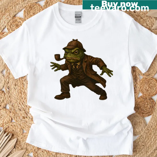 Cartoon-style t-shirt featuring a frog dressed as a detective