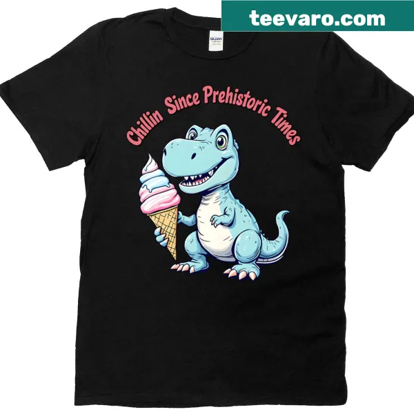Cartoon t-shirt with a dinosaur enjoying ice cream