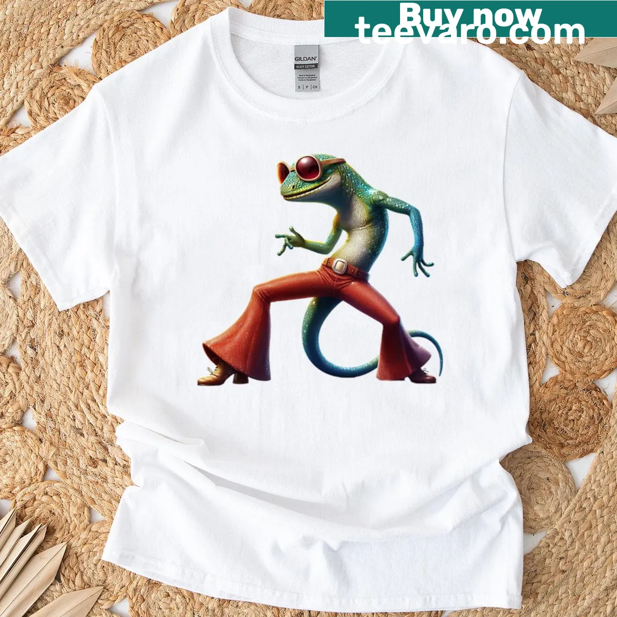 Oversized T-shirt with a dancing disco lizard graphic — on a men's t-shirt