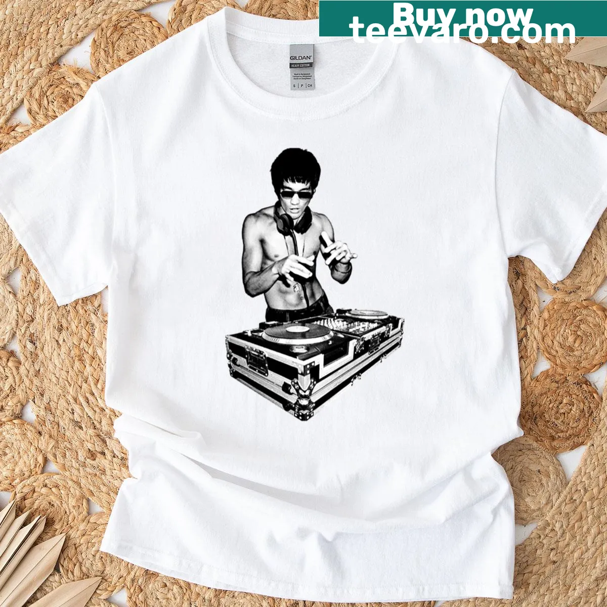 Graphic of DJ Bruce Lee in action pose on a t-shirt — on a men's t-shirt