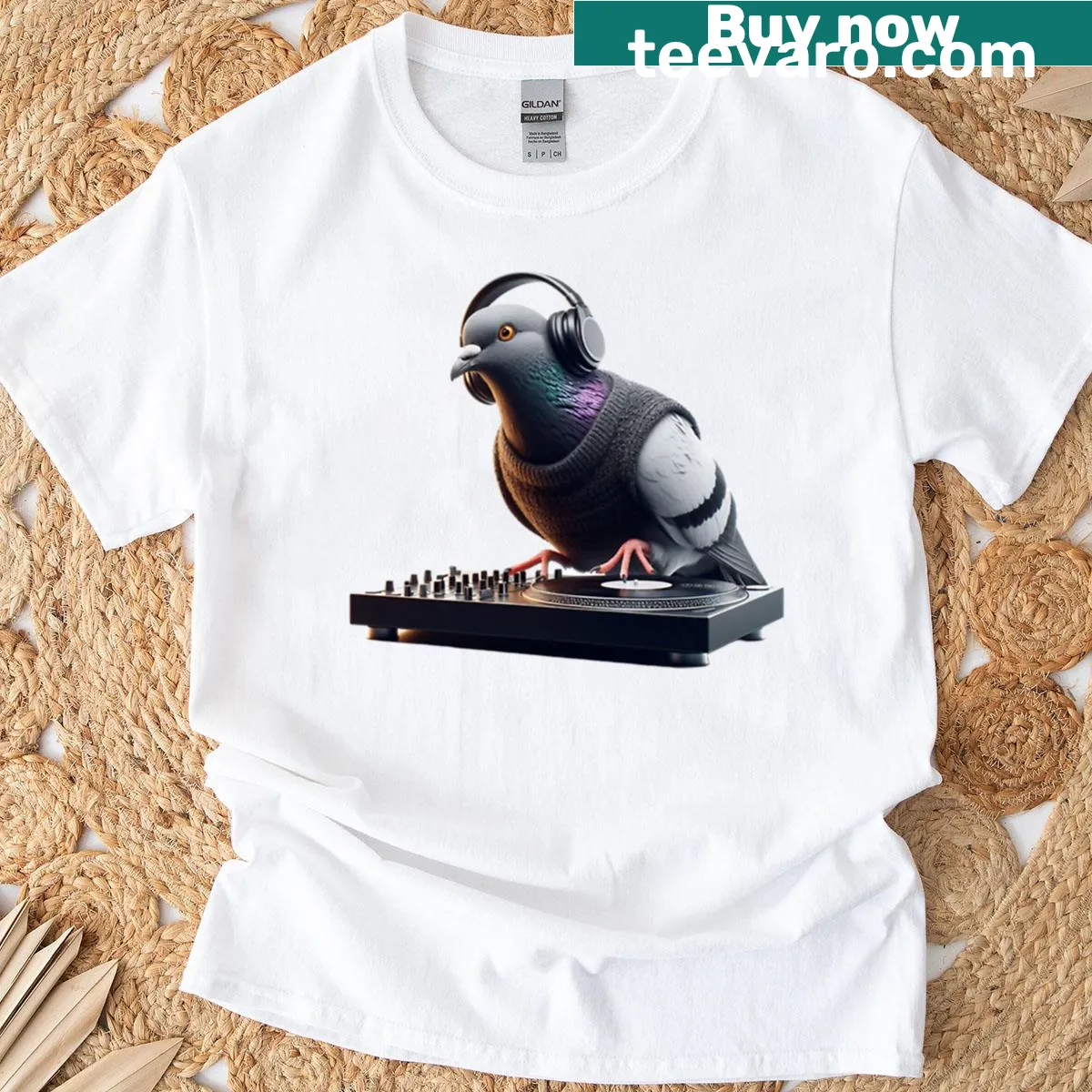 Illustration of a DJ pigeon in action with headphones. — on a men's t-shirt