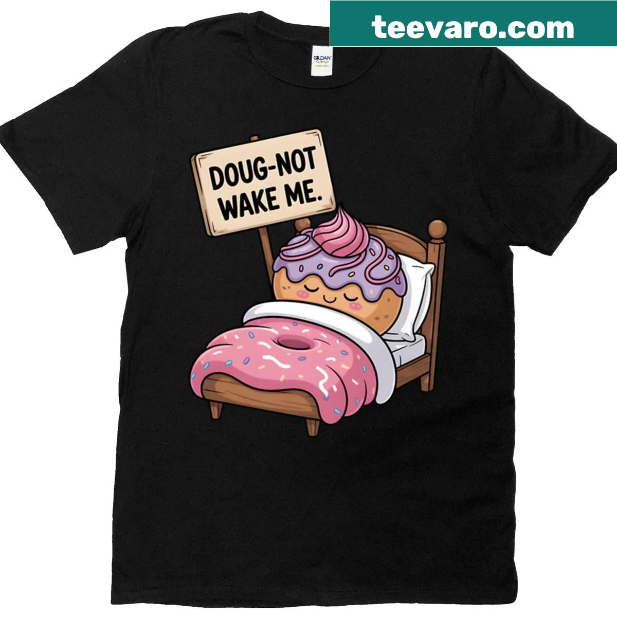 Playful T-shirt featuring an illustration of a sleeping donut — on a men's t-shirt
