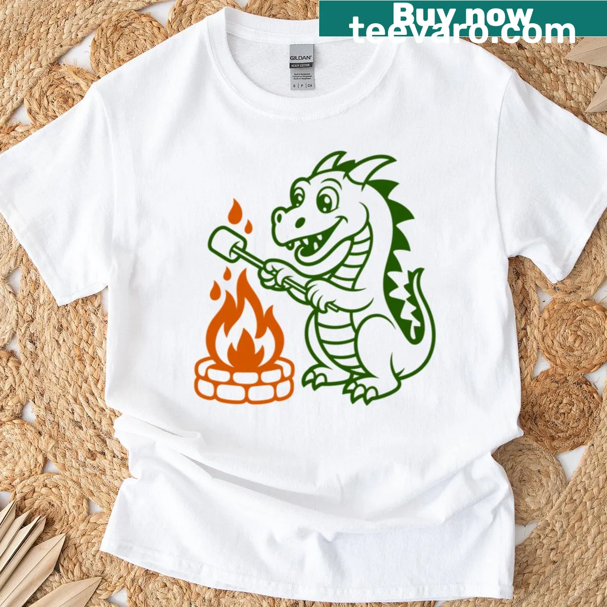 Playful illustration of a dragon roasting marshmallows over a fire. — on a men's t-shirt