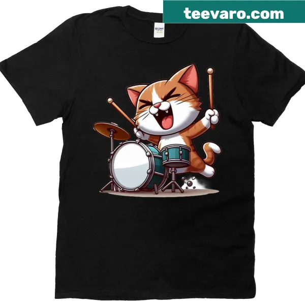 Adorable t-shirt featuring a drumming cat illustration