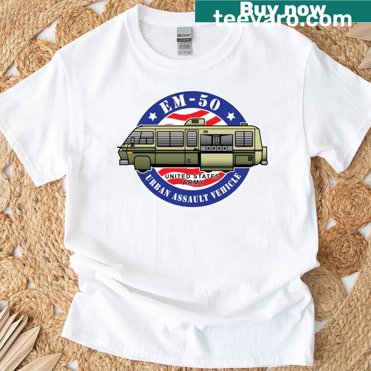 T-shirt featuring the EM-50 Urban Assault Vehicle design from the movie. — on a men's t-shirt