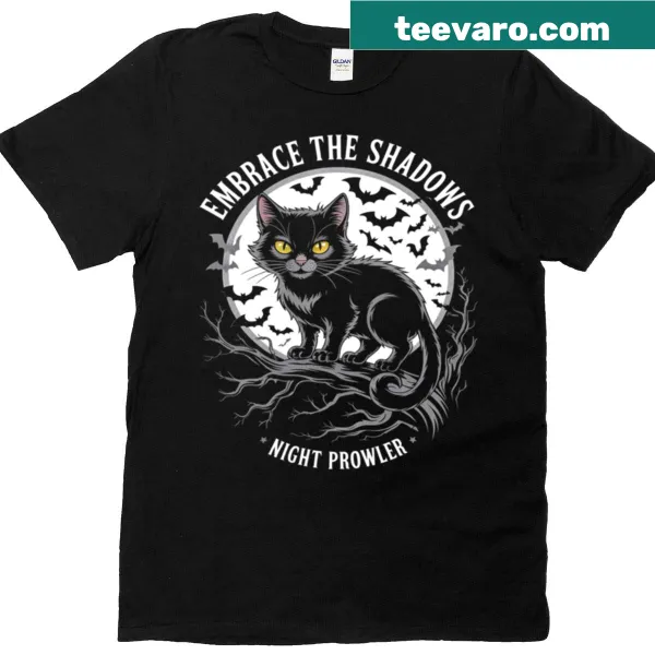 Halloween themed T-shirt with cat and moon design