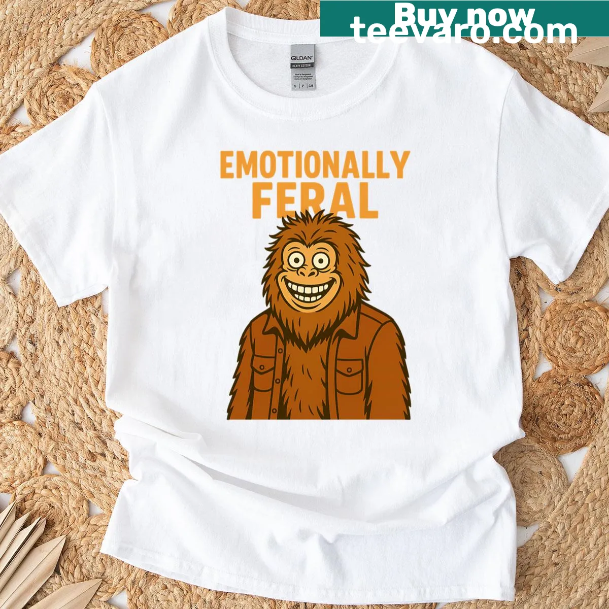 Bigfoot T-shirt with 'Emotionally Feral' graphic — on a men's t-shirt