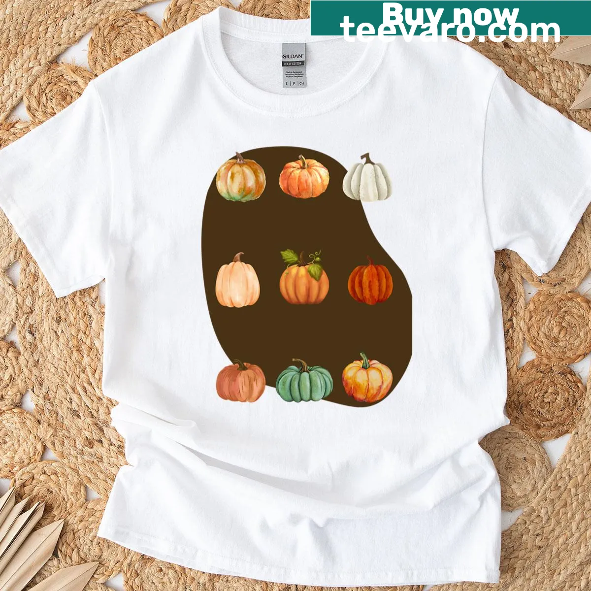 Charming fall-themed t-shirt featuring pumpkins — on a men's t-shirt