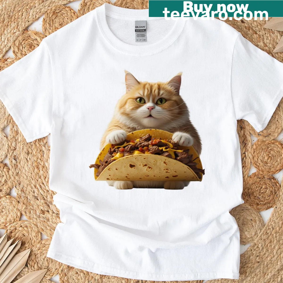 Cute fat cat holding a taco t-shirt design — on a men's t-shirt