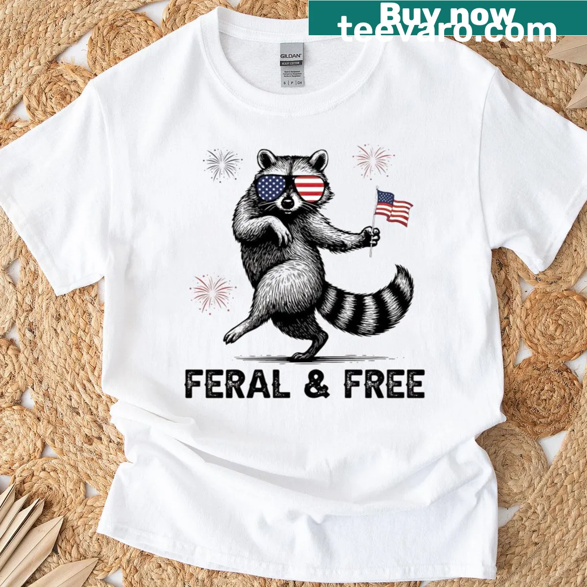 Funny t-shirt featuring a raccoon celebrating freedom for July 4th. — on a men's t-shirt