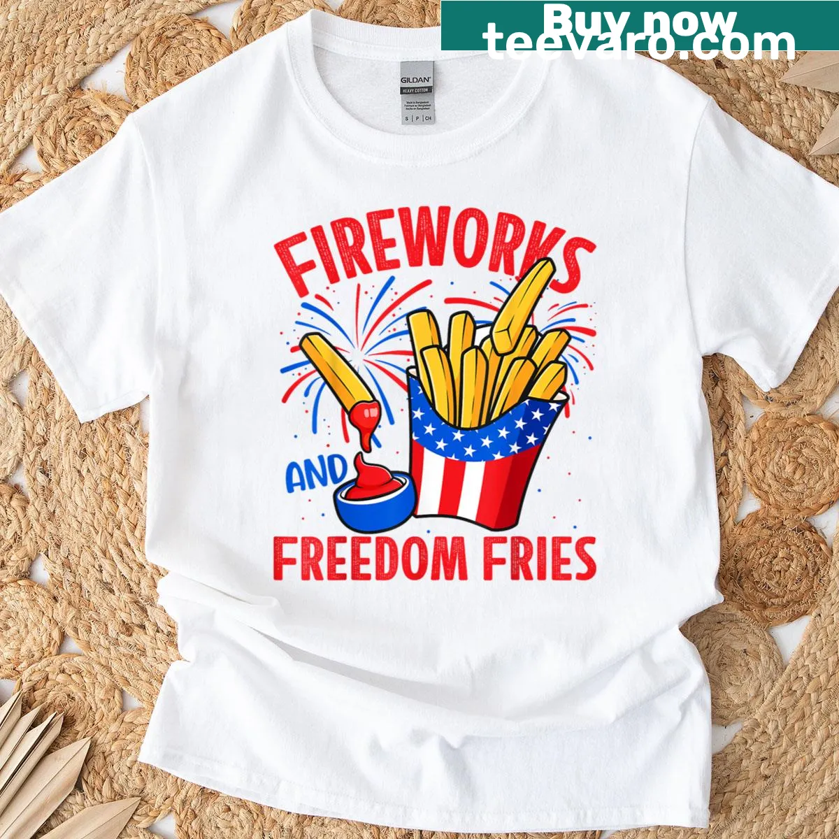 Fireworks and freedom fries themed T-shirt with playful graphics — on a men's t-shirt