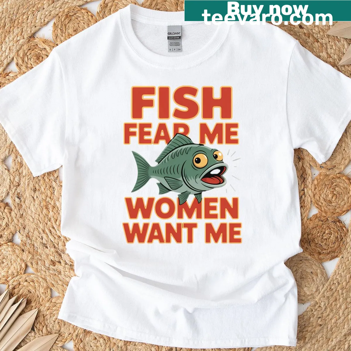 Funny fishing t-shirt with bold text about fish and women. — on a men's t-shirt