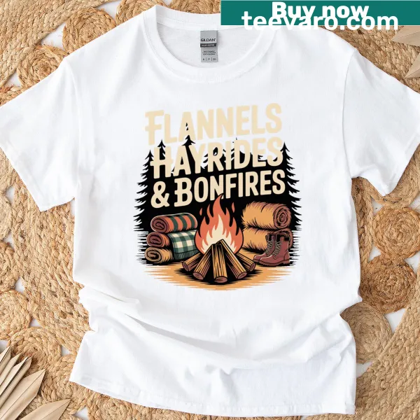 Rustic autumn-themed T-shirt with hayrides and bonfires illustration