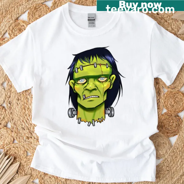 Cartoon version of Frankenstein monster on oversized t-shirt