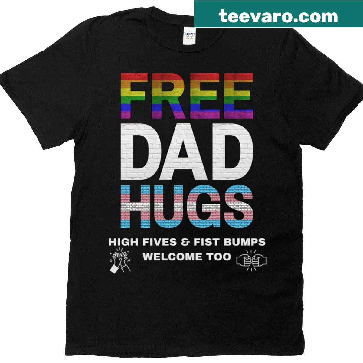T-shirt with 'Free Dad Hugs With Pride' graphic in bold typography — on a men's t-shirt