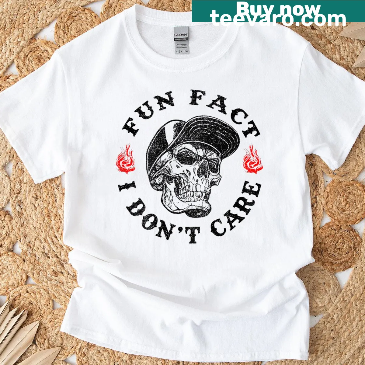 Sarcastic shirt with skeleton graphic saying 'Fun Fact: I Don’t Care' — on a men's t-shirt