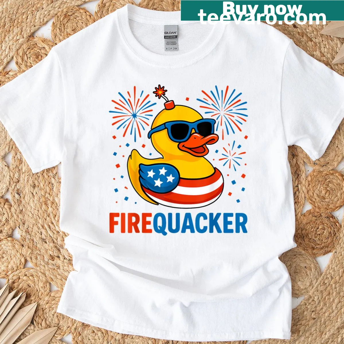 Cartoon duck themed T-shirt for Fourth of July celebrations — on a men's t-shirt
